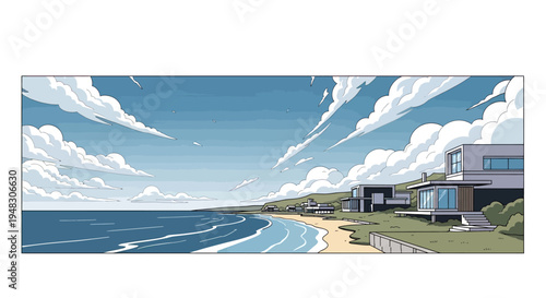 Modern beachside residences beneath a vast sky with dynamic clouds