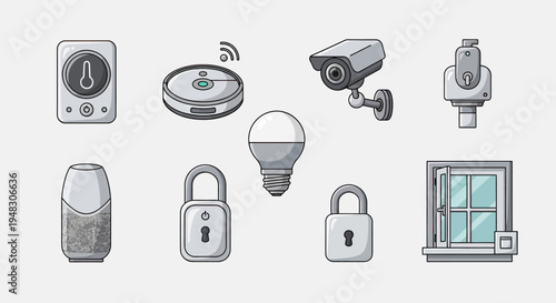 Smart home devices icons - thermostat, robot vacuum, cameras, speaker, locks, bulb, window