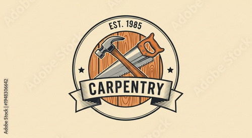 Vintage carpentry logo with hammer saw and banner on wooden background symbolizing craftsmanship and woodworking skills
