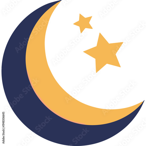 A stylized crescent moon shines brightly with two stars in the night sky.