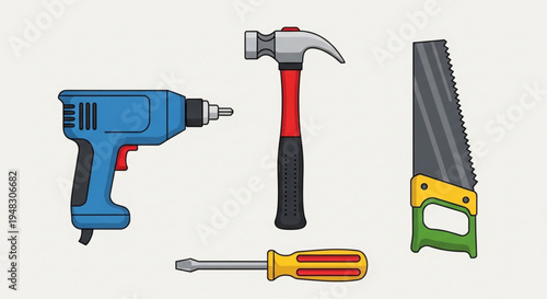 Set of colorful hand tools including drill hammer saw and screwdriver on gray background for diy projects and home repair