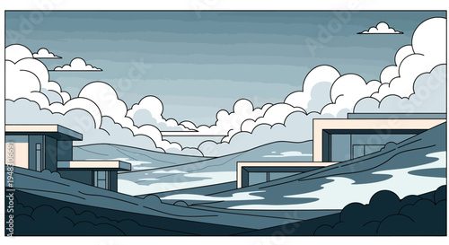 Minimalist modern homes nestled within rolling hills under a cloudy sky