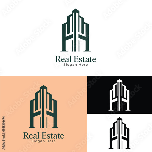 Minimal green high-rise real estate logo pack with geometric tower icon