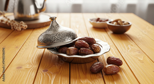 Dates in a silver bowl on a wooden table