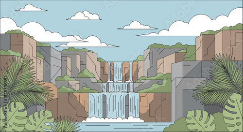A picturesque layered waterfall cascades down rocky cliffs surrounded by lush foliage