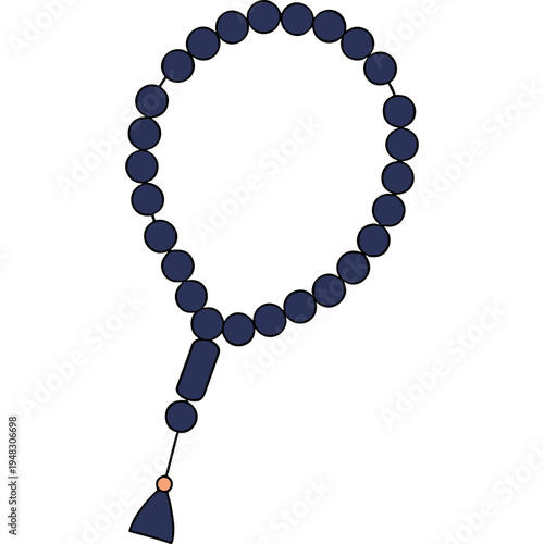 Dark blue prayer beads with tassel hang freely in air