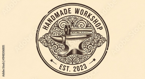Handmade workshop logo with anvil and ornate details on cream background