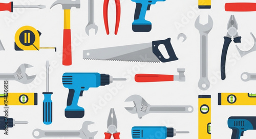 Collection of various colorful tools on a white background for diy projects and home improvement