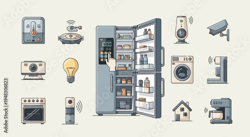 Collection of smart home devices, including a refrigerator, oven, and security camera