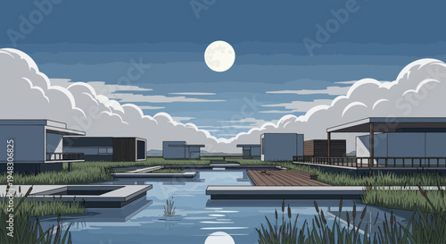 Modern minimalist homes surround tranquil water features under a moonlit, cloudy sky