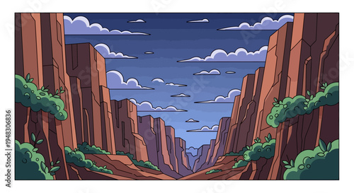 Steep canyon walls flank a path leading into the distance under a cloudy sky