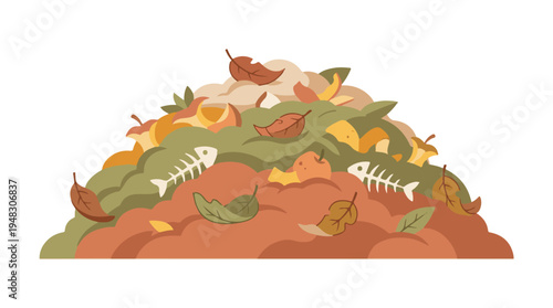 Compost pile of organic food waste, leaves, and fish bones