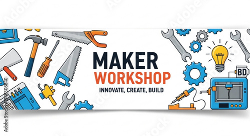 Maker workshop banner with tools and gadgets for innovation and creativity
