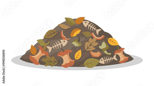 Organic compost pile with food scraps, leaves, and fish bones