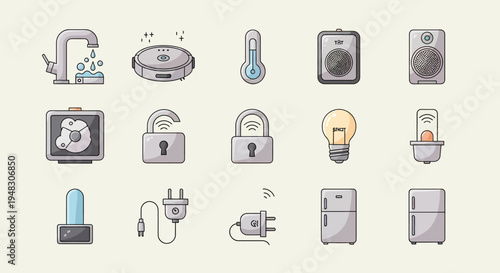 Collection of smart home devices including a faucet, vacuum, thermometer, speakers, lock, and fridge