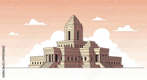 Monumental classical building with stepped levels, against a pastel sky