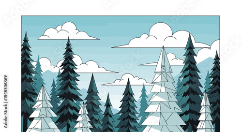 A stylized, graphic winter forest scene with snow-covered trees under a cloudy sky
