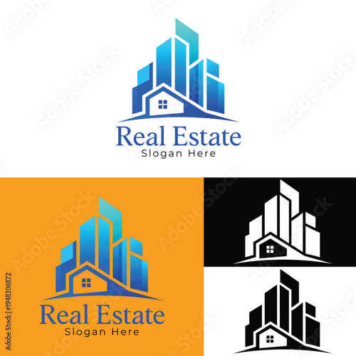 Blue skyline house real estate logo set for property development
