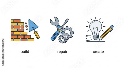 Construction repair and creation icons with tools and symbols for build fix and invent concepts