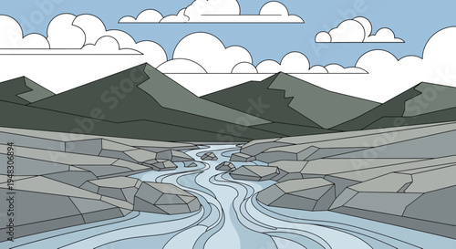 Stylized mountain landscape with a flowing river and clouds