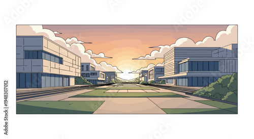 Modern buildings flank a paved walkway toward a setting sun