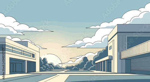 Modern geometric buildings frame a soft sunrise over a serene, manicured landscape