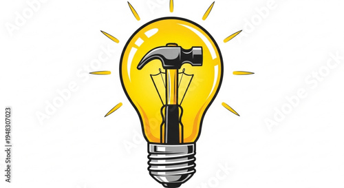 Innovative idea light bulb with hammer inside glowing bright yellow symbolizing creativity and solution