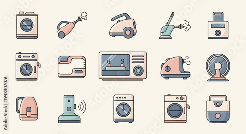 Collection of flat, cartoon-style household appliances
