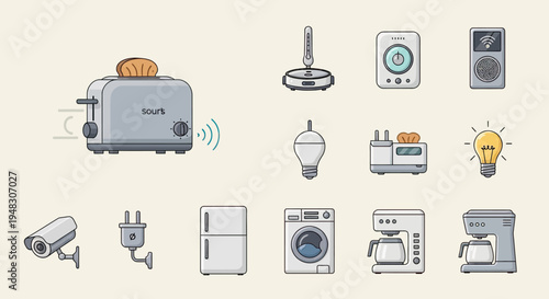 Diverse collection of smart home appliances and gadgets depicted in flat illustration style