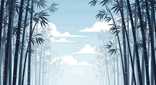 Dark blue bamboo stalks and leaves against a light blue sky with clouds