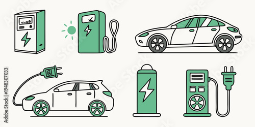 electric car charging stations and cars icons Vector