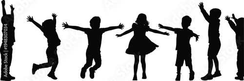 Happy children silhouettes jumping kids playing boys girls joy celebration playful people vector illustration collection