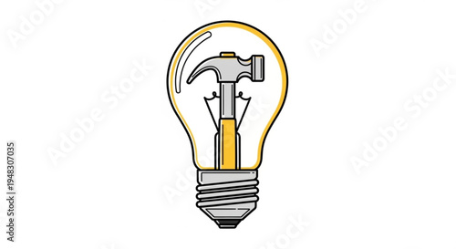 Creative idea light bulb with hammer inside symbolizing innovation and problem solving