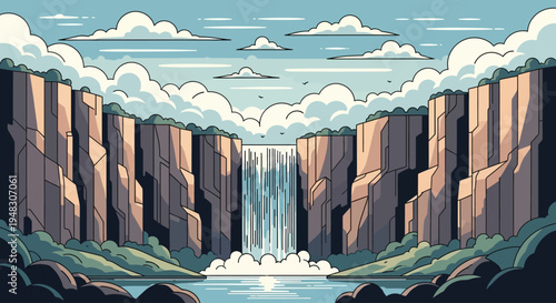 Majestic waterfall plunges between towering canyon walls under a cloudy sky