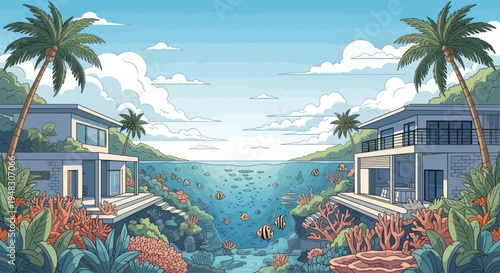 Two modern homes overlook an underwater paradise with coral and tropical fish
