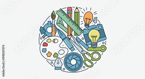 Creative tools and art supplies in a circular arrangement with lightbulb symbolizing inspiration and innovation in education art and design