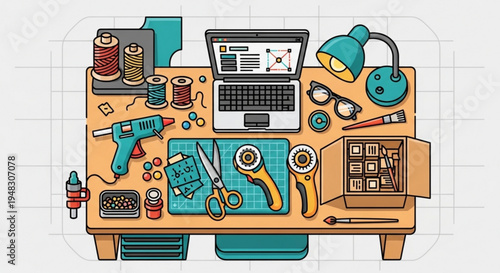 Cluttered workspace with laptop tools and craft supplies on a wooden desk diy project setup with various equipment and materials