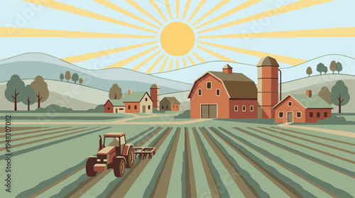 Farming Landscape with Tractor Cultivating Fields, Barn, and Silo