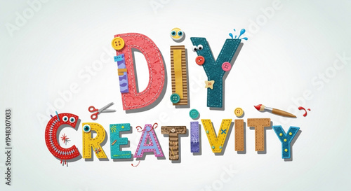 Colorful diy creativity concept with text and crafting tools on white background