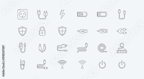 A collection of line icons featuring power outlets, plugs, cables, batteries, shields, and symbols