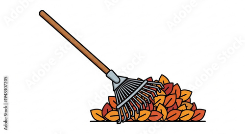Rake with pile of autumn leaves on ground yard cleanup gardening tool seasonal maintenance leaf removal