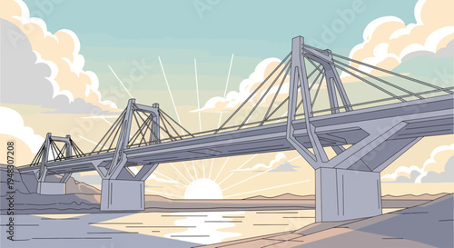 Cable-stayed bridge at sunrise over a calm body of water