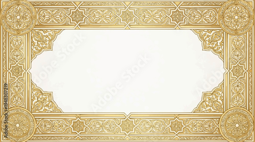Ornate gold frame with intricate floral patterns and symmetrical design perfect for elegant invitations or decorative borders