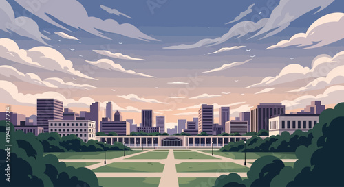 Panoramic view of a serene cityscape with skyscrapers under a cloudy twilight sky