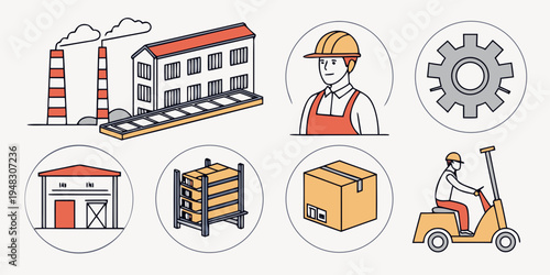 industrial icons with worker warehouse and equipment Vector