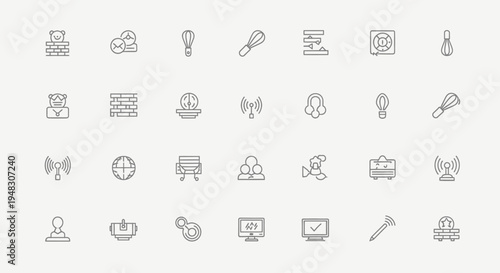A collection of grey line art icons depicting various objects and symbols