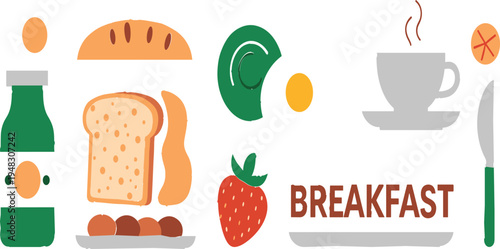 Simple Breakfast Illustration Set with Bread, Fruit, Juice, Coffee, and Plate for Healthy Morning Meal Concept