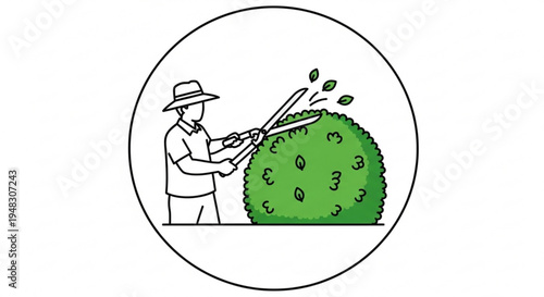 Man trimming large green bush with scissors in garden landscaping concept