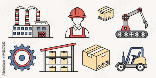 factory and warehouse icons with worker and machines Vector