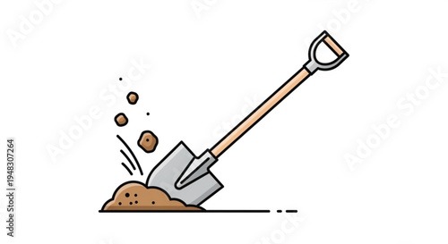 Shovel digging into a pile of brown dirt with clods flying out symbolizing hard work and manual labor in a simple line art style